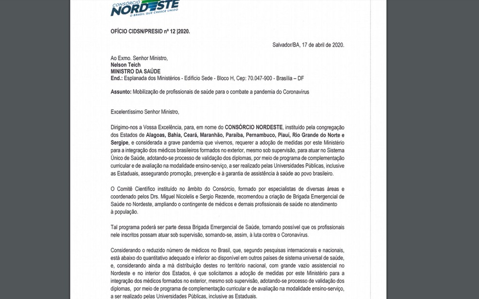 Ofício do Consórcio Nordeste foi enviado ao Ministério da Saúde — Foto: Reprodução