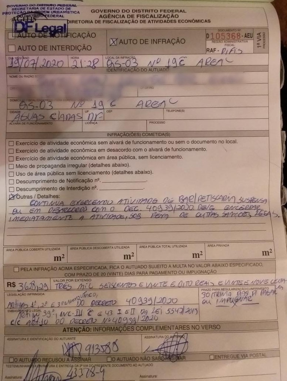 Multa aplicada a boate que promoveu aglomeração em evento no DF — Foto: DF Legal/Divulgação