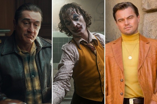 Robert De Niro em 'O Irlandês'; Joaquin Phoenix em 'Coringa'; e Leonardo DiCaprio em 'Era Uma Vez em... Hollywood' (Foto: Divulgação)