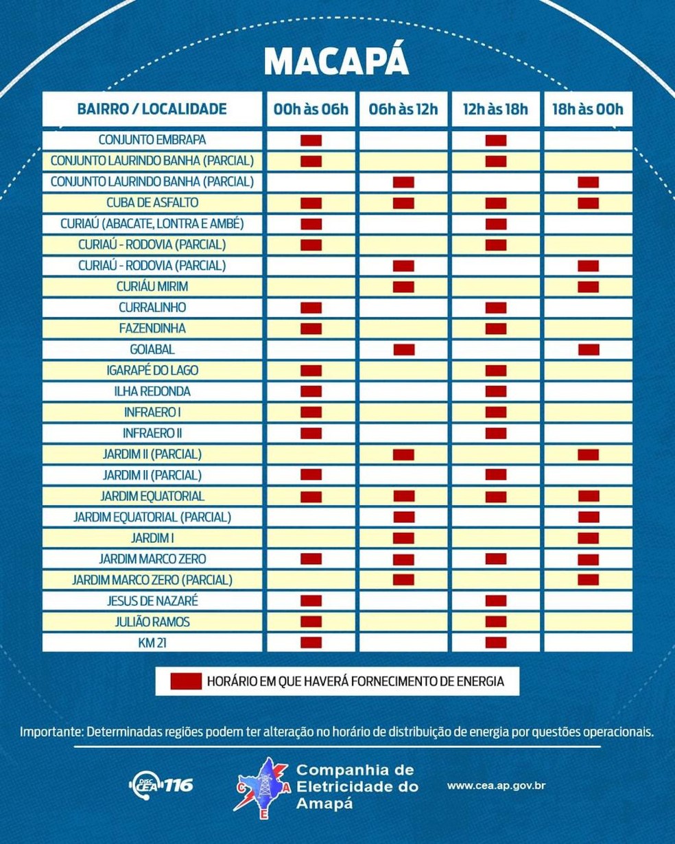 Amapá - cronograma de rodízio de energia - Macapá 2 — Foto: CEA/Divulgação