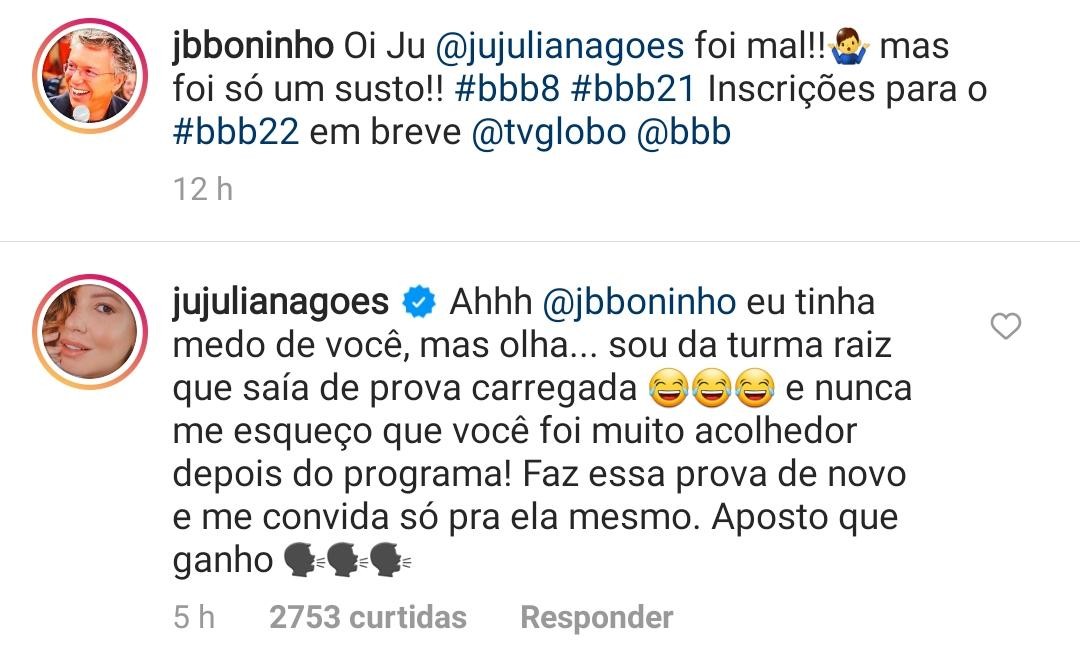 Boninho pede desculpa à Ju, que responde nos ocmentários (Foto: Reprodução/Instagram)