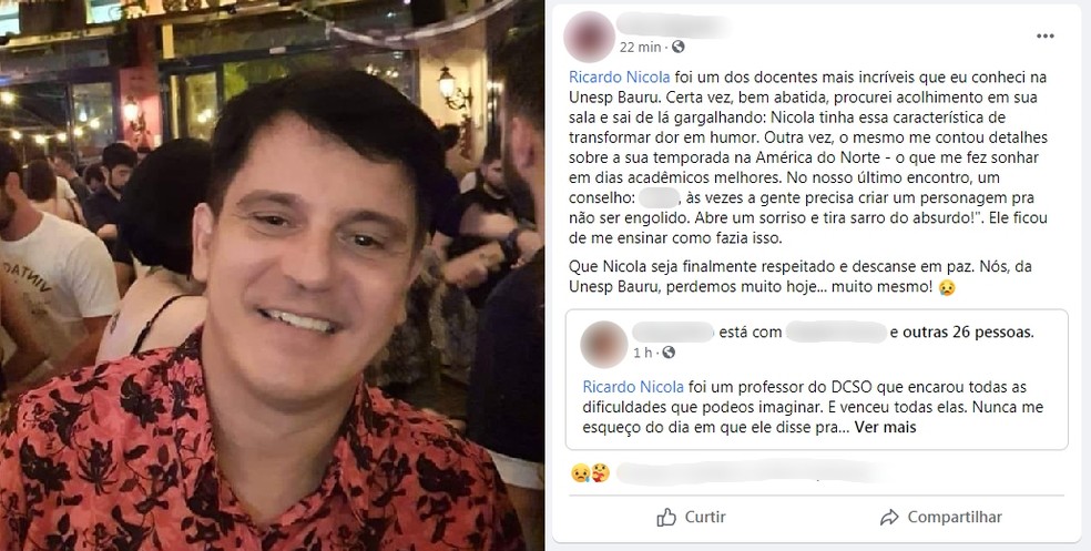 Amigos lamentaram morte de professor da Unesp nas redes sociais (Jaú, Bauru, Ricardo Nicola) — Foto: Facebook/Reprodução