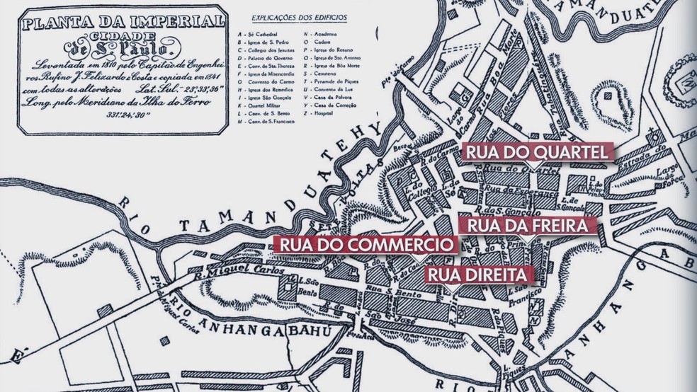 Mapa das ruas da capital paulista em 1810 — Foto: Reprodução/TV Globo
