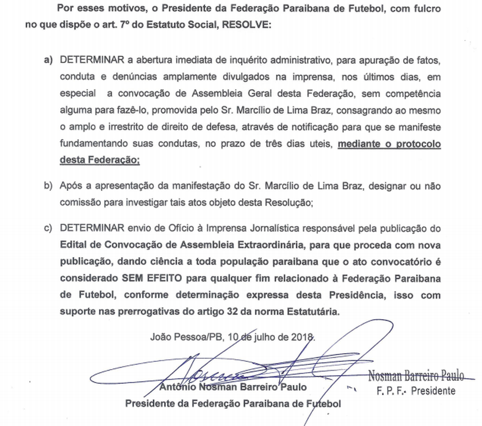 FPF determina abertura de inquérito administrativo contra o presidente do Conselho Fiscal, Marcílio Braz (Foto: Reprodução/FPF)
