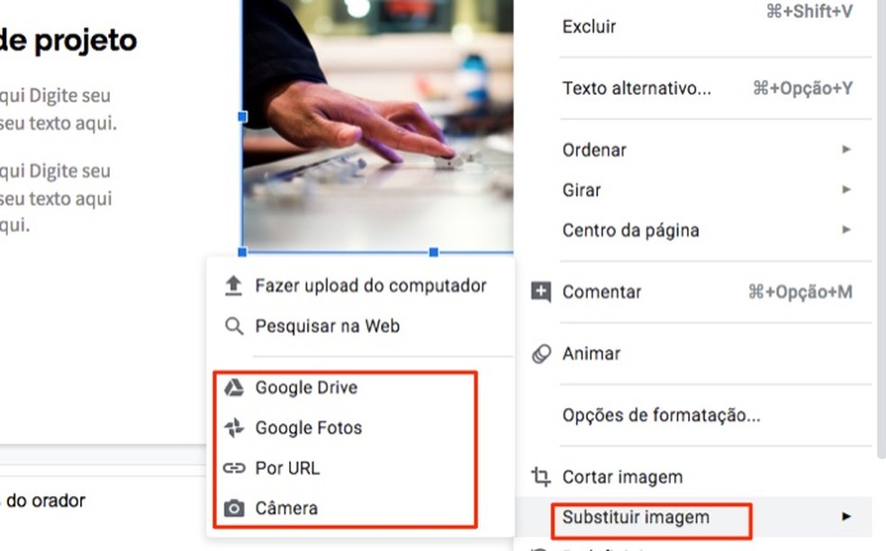 Ação para substituir imagens em um modelo de perfil profissional criado no Google Forms — Foto: Reprodução/Marvin Costa