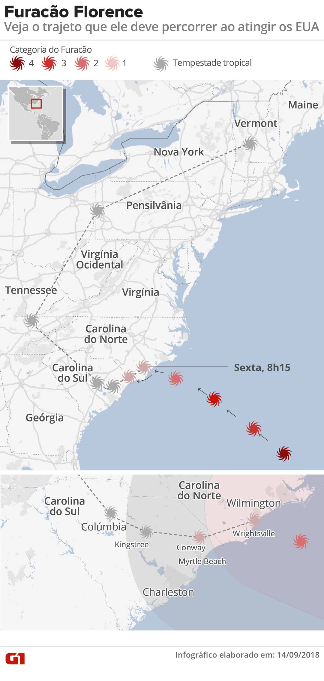 Mapa mostra caminho que deve percorrer o furacão Florence