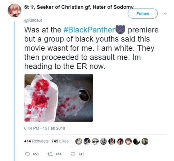 Postagens falsas sobre agressões a brancos durante sessões de Pantera Negra (Foto: Reprodução/Twitter)