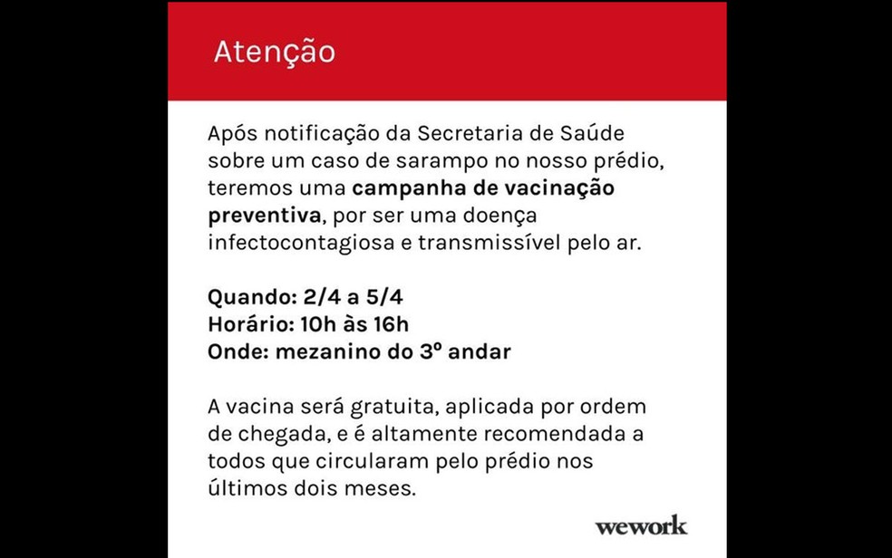 NotificaÃ§Ã£o divulgada pela empresa WeWork aos associados  â Foto: ReproduÃ§Ã£o
