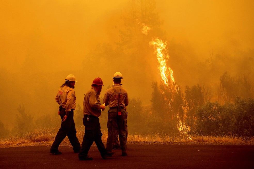 Bombeiros tentam controlar chamas na Floresta Nacional Klamath, no norte da Califórnia, em 31 de julho de 2022. — Foto: Noah Berger/ Associated Press