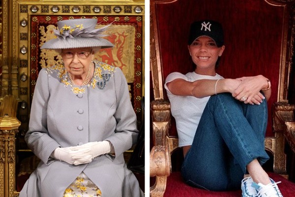 Rainha Elizabeth e Victoria Beckham sentadas num trono (Foto: Getty Images; Reprodução / Instagram)
