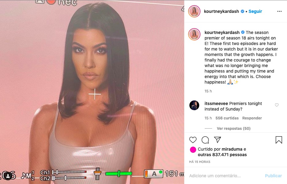 O post de Kourtney Kardashian falando sobre sua decisão de sair do reality show protagonizado por sua família após trocar agressões com a irmã Kim Kardashian (Foto: Instagram)