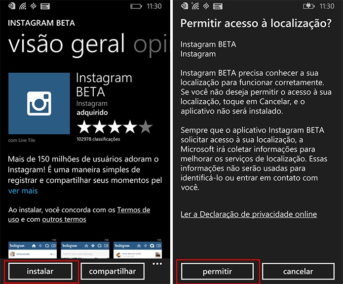 Instagram Beta para Windows Phone exige confirmação ao baixar aplicativo (Foto: Reprodução/Elson de Souza)