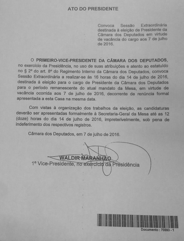 Reprodução do ato de Waldir Maranhão que marcou para o dia 14 a eleição do sucessor de Eduardo Cunha na presidência da Câmara (Foto: Reprodução)