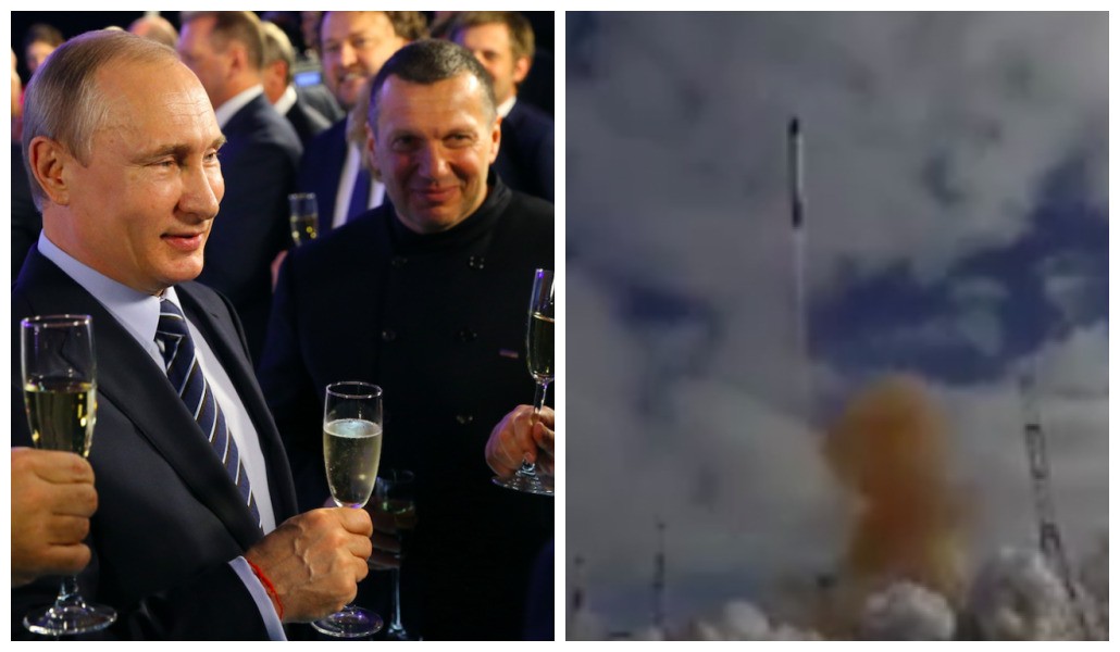 Vladimir Putin ao lado do apresentador Vladimir Solovyov em evento em maio de 2016 e um míssil Sarmat  (Foto: Getty Images/Reprodução)