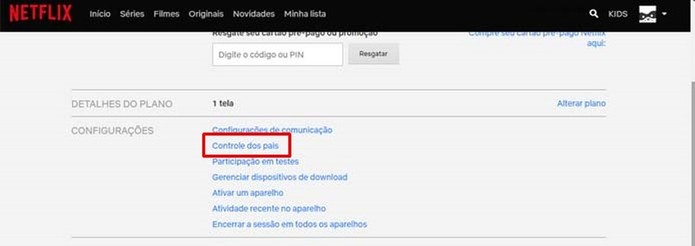 Nas configurações de conta da Netflix, clique em "Controle dos pais" (Foto: Reprodução/Taysa Coelho) Nas configurações de conta da Netflix, clique em "Controle dos pais" (Foto: Reprodução/Taysa Coelho)
