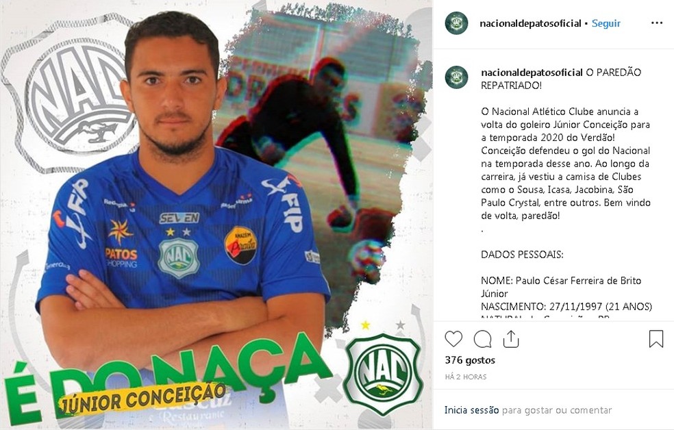 J�nior Concei��o, goleiro do Nacional de Patos � Foto: Reprodu��o / Instagram 