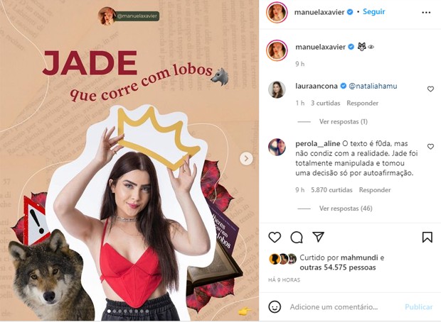 Manuela Xavier faz post sobre Jade Picon, Arthur e o BBB22 (Foto: Reprodução/Instagram)