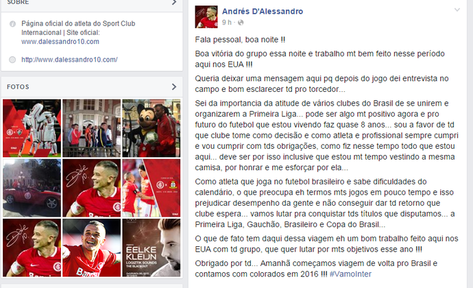 D'Alessandro D'Ale post Primeira Liga Inter Internacional  (Foto: Reprodução)