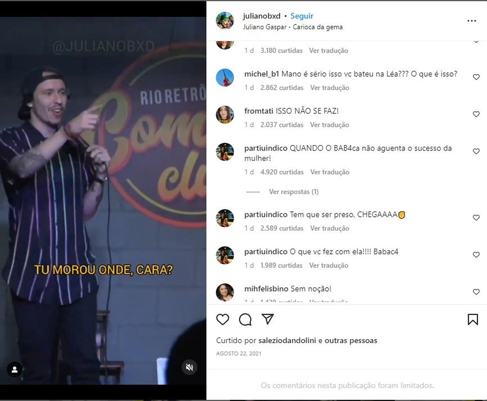 O comediante Juliano Gaspar perdeu seguidores e recebeu críticas de internautas após ter sido acusado de agredir a esposa, a humorista alemã Lea Maria — Foto: Reprodução/Instagram