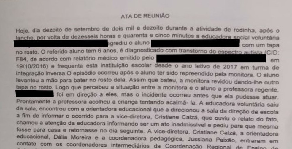 Ata de escola registra agressÃ£o a aluno autista em Sobradinho, no DF â Foto: Arquivo pessoal