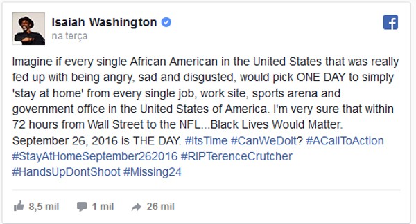 Mensagem de Isaiah Washington no Facebook (Foto: Facebook)