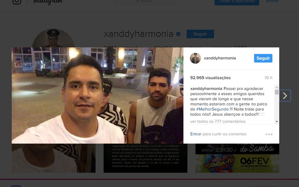 Cantor gravou vídeo para lamentar morte de seguranças do evento — Foto: Reprodução/ Instagram