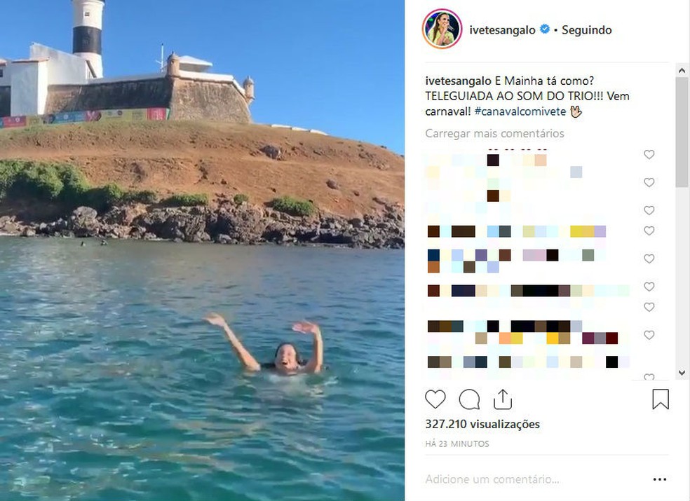 Ivete Sangalo mergulha em praia na regiÃ£o do Farol da Barra, em Salvador  â?? Foto: ReproduÃ§Ã£o/Instagram 