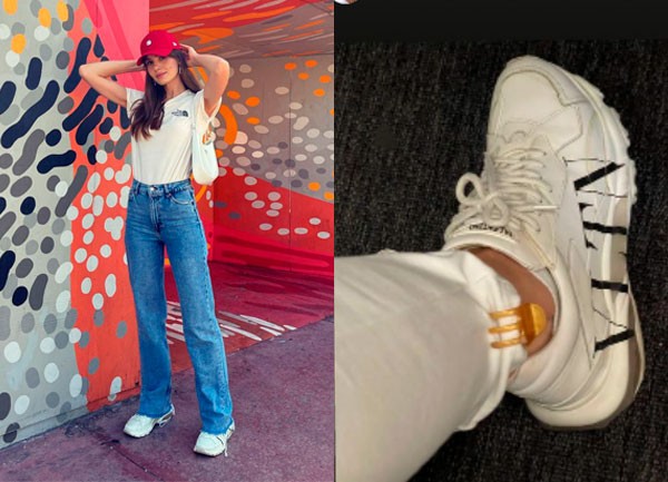 À esquerda, Camila Queiroz posa em Miami; à direita, reprodução dos stories da atriz com tênis  (Foto: Reprodução/Instagram)