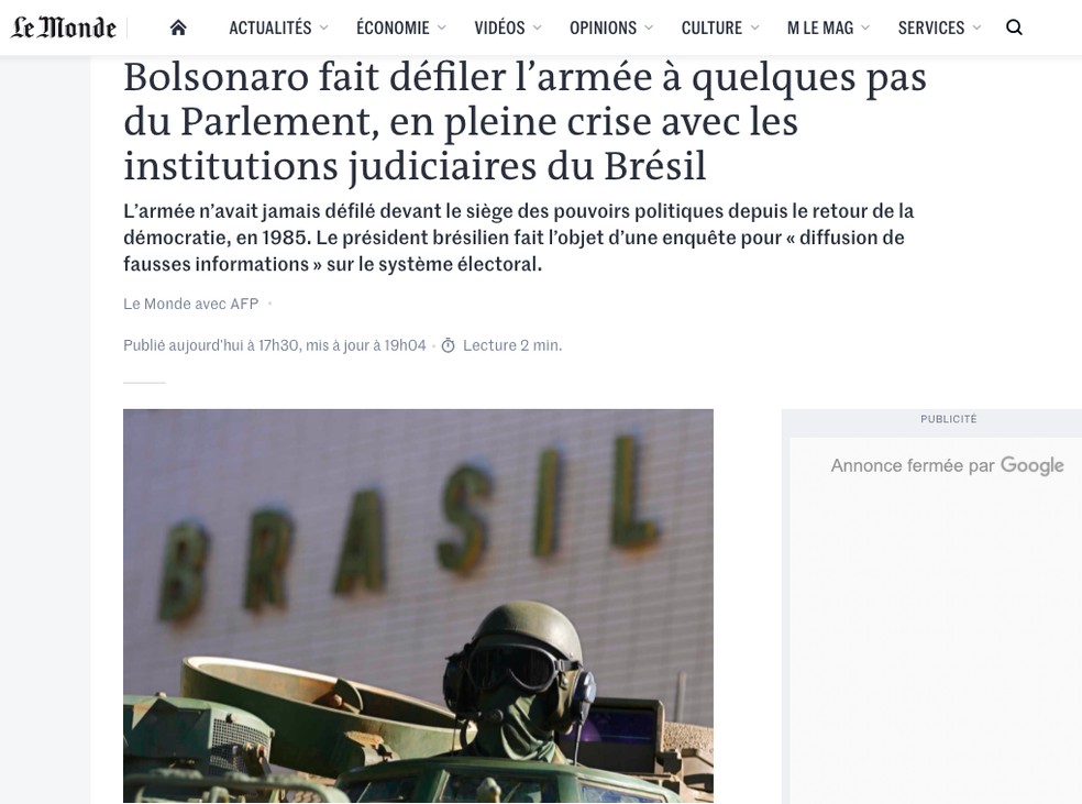 Le Monde (França) sobre ato militar na Praça dos Três Poderes — Foto: Reprodução