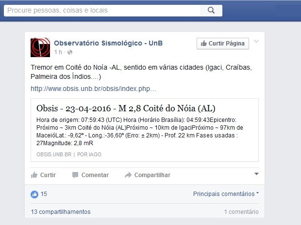 Observatório Sismológico de Brasília divulgou informação na manhã deste sábado (23) (Foto: Reprodução)