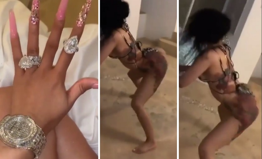 A cantora Cardi B mostrando os anéis que ganhou do marido e em cenas do vídeo em que parece rebolando (Foto: Instagram)
