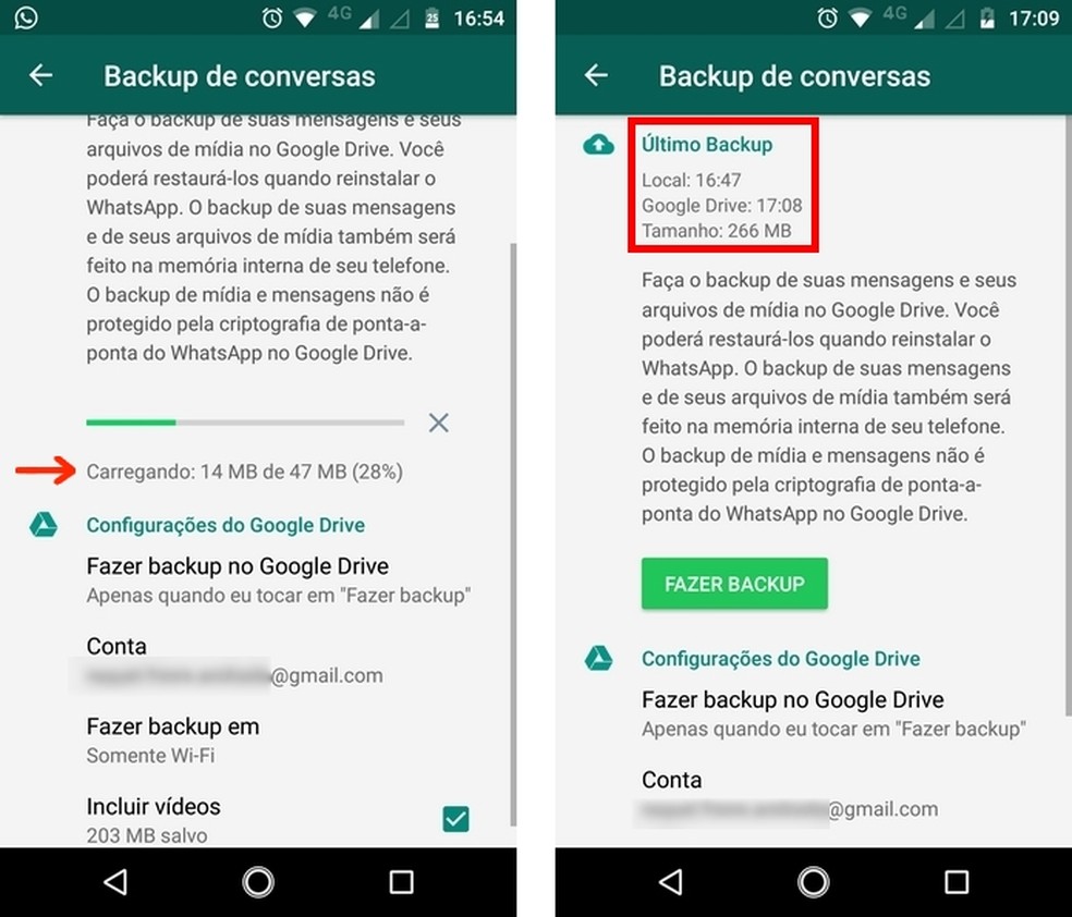 Confira a conclusão do backup de conversas do WhatsApp no Google Drive — Foto: Reprodução/Raquel Freire
