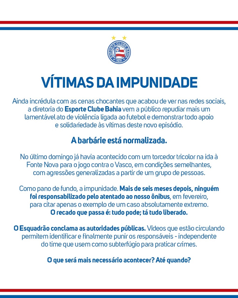 Bahia divulgou posicionamento nas redes sociais — Foto: Redes sociais