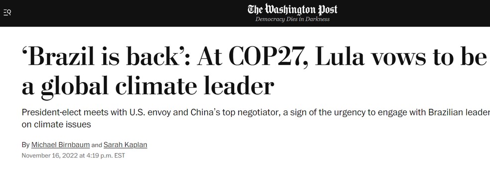 Imagem de texto do Washington Post sobre a participação de Lula na COP27 — Foto: Reprodução/Washington Post