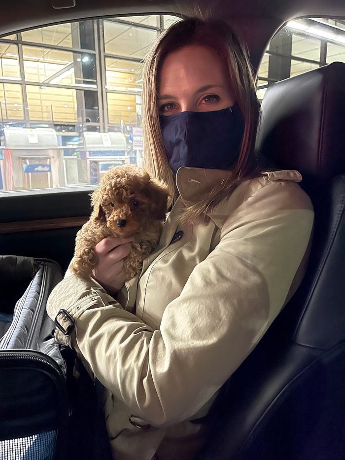 A babá Jennifer Kopczynski durante uma das viagens, com um poodle (Foto: Reprodução/TikTok)