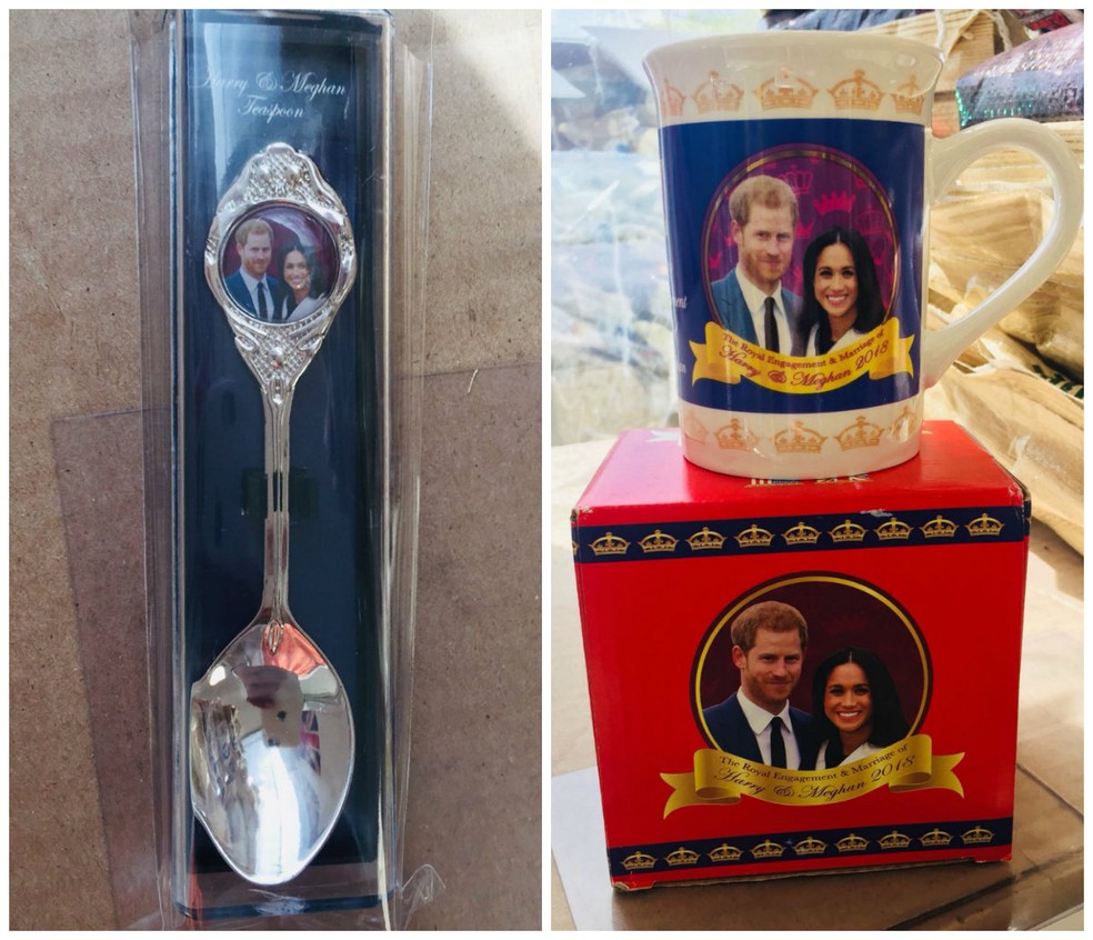 Vários souvernis comemorativos do casamento de Harry e Meghan foram produzidos. Aqui caneca e colher ganham rostos dos noivos. (Foto: Arquivo pessoal/Henne Magalhães)