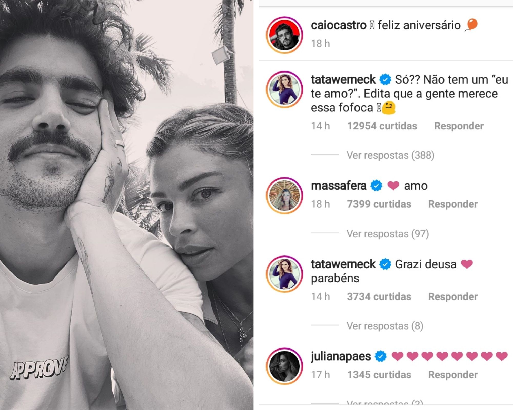 Comentário de Tata Werneck em post de Caio Castro para Grazi Massafera (Foto: Reprodução/Instagram)