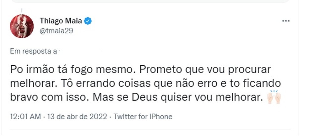 Thiago Maia responde a comentário e de torcedor e promete melhorar desempenho — Foto: Reprodução