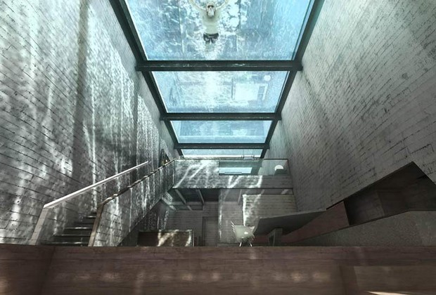 A piscina com vidro reforçado, visível do interior da Casa Brutale (Foto: Divulgação / OPA)