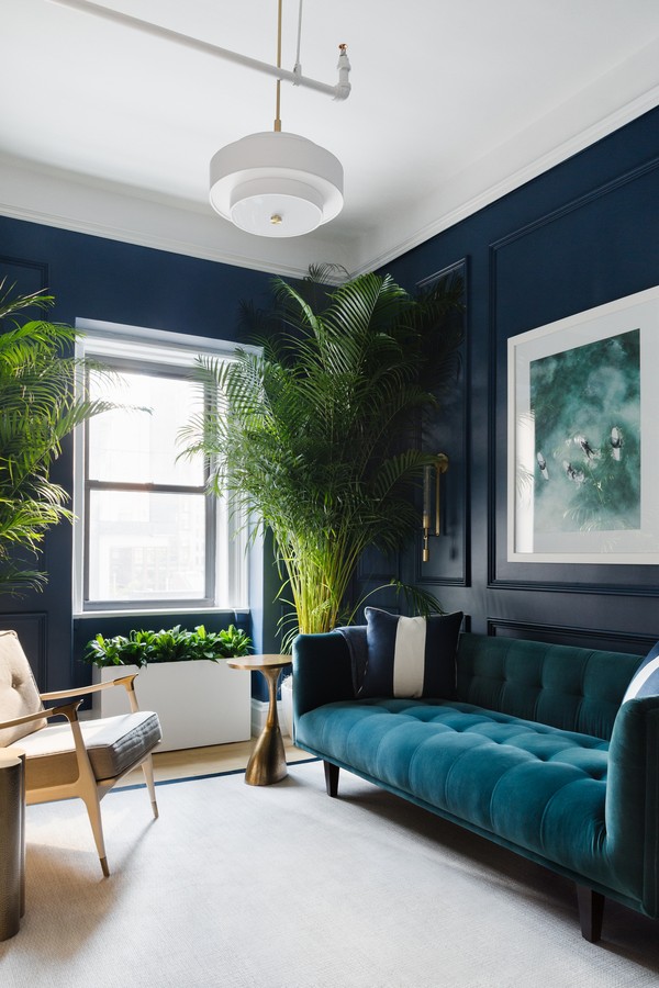 Décor do dia: sala azul tem palmeiras e sofá de veludo (Foto:  Kylie Fitts)