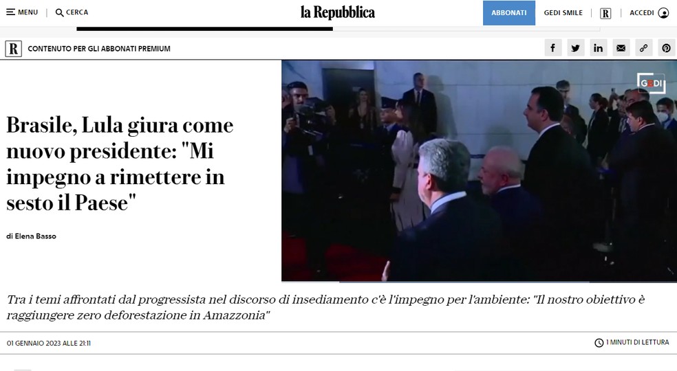 O "La Repubblica", da Itália, chamou atenção para o compromisso de Lula em proteger a Amazônia. — Foto: Reprodução