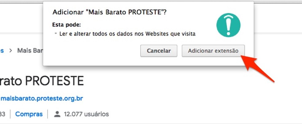 Ação para baixar e instalar a extensão Mais Barato PROTESTE para Chrome — Foto: Reprodução/Marvin Costa