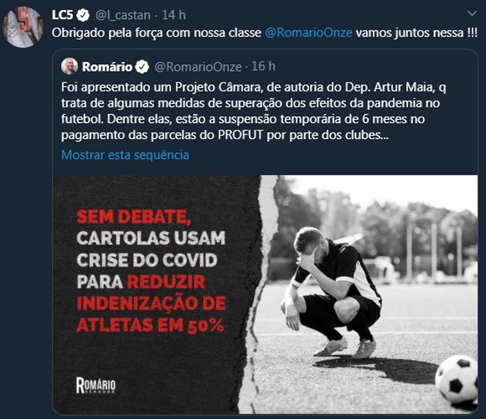 Jogador do Vasco recebeu apoio de Romário — Foto: Reprodução