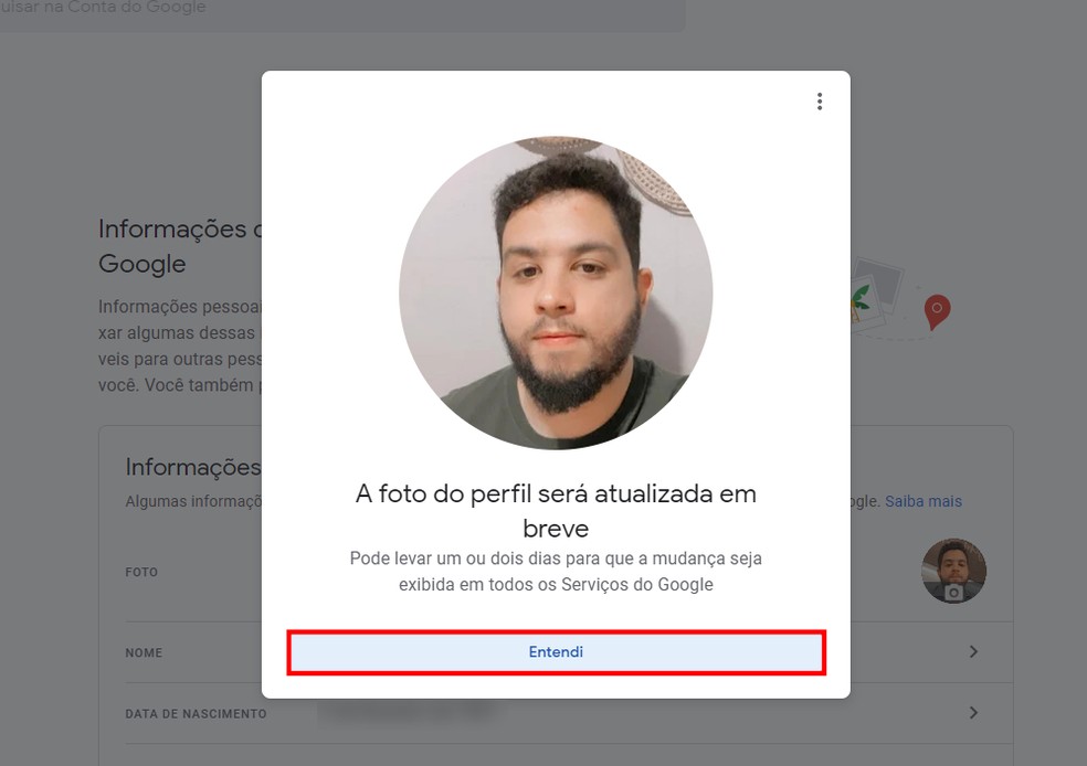 Imagem mostra que Google pode levar até dois dias para trocar foto do perfil — Foto: Reprodução/Rodrigo Fernandes