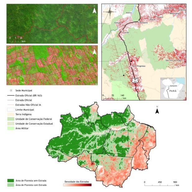 Mapa mostra estradas não-oficiais ilustradas pelas linhas em vermelho. Novo Progresso, Altamira e São Félix do Xingu, ambas no Pará, fazem parte do Arco do Desmatamento (Foto: Imazon)