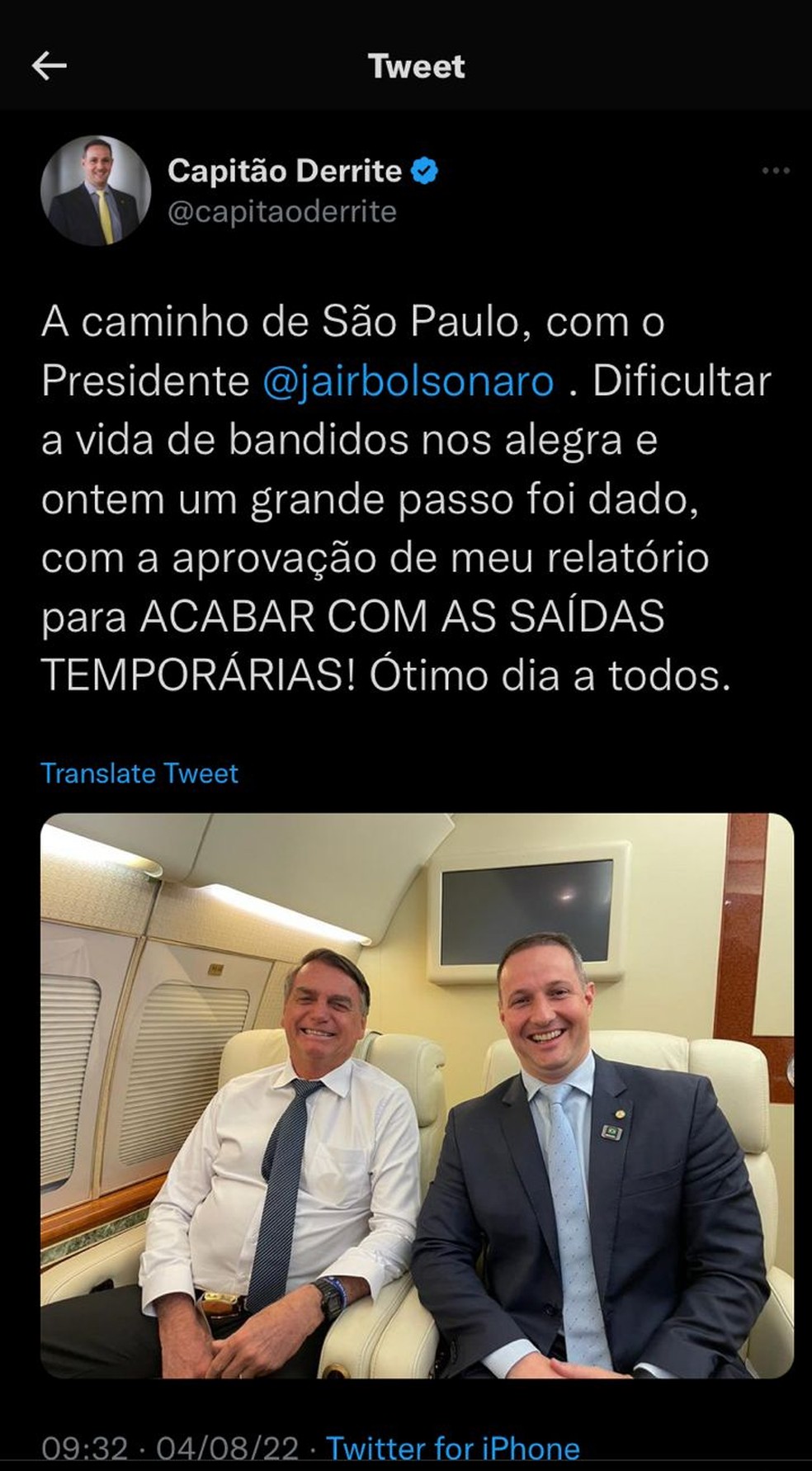 Post sobre ida de Bolsonaro e Derrite a São Paulo — Foto: Reprodução