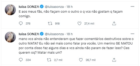 Tweets de Luísa Sonza (Foto: Reprodução )