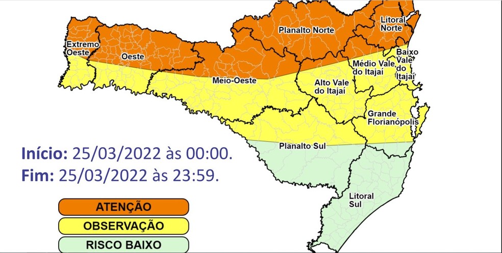 Mapa de Santa Catarina mostra locais em que há mais chance de temporais nesta sexta — Foto: Defesa Civil/Divulgação