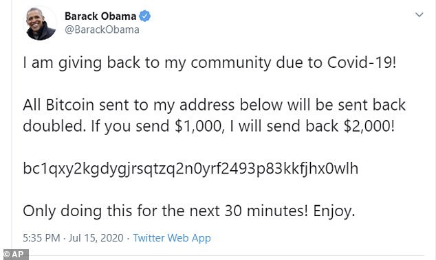 Mensagem do perfil do ex-presidente Barack Obama que teve sua conta invadida em ataque hacker à rede social (Foto: Reprodução/Twitter)