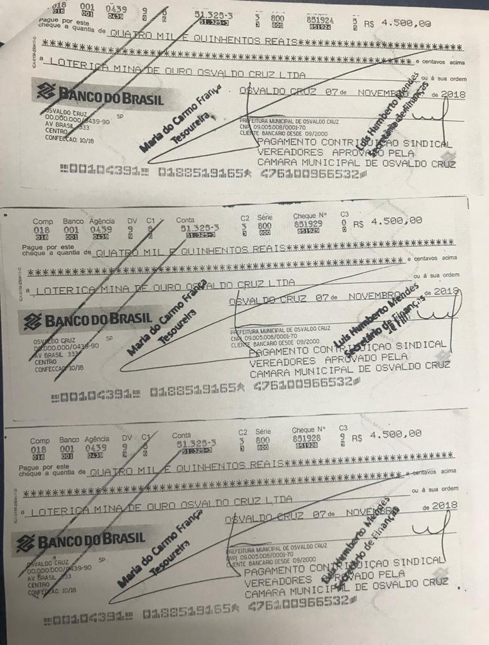 Cheques falsos foram emitidos em nome da Prefeitura de Osvaldo Cruz — Foto: Assessoria de Imprensa da Prefeitura de Osvaldo Cruz/Reprodução